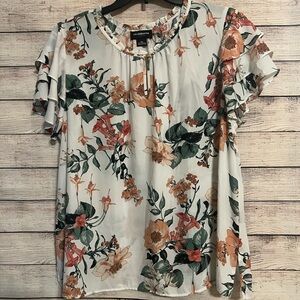Liz Claiborne Floral Flutter Sleeve Ruffled Blouse